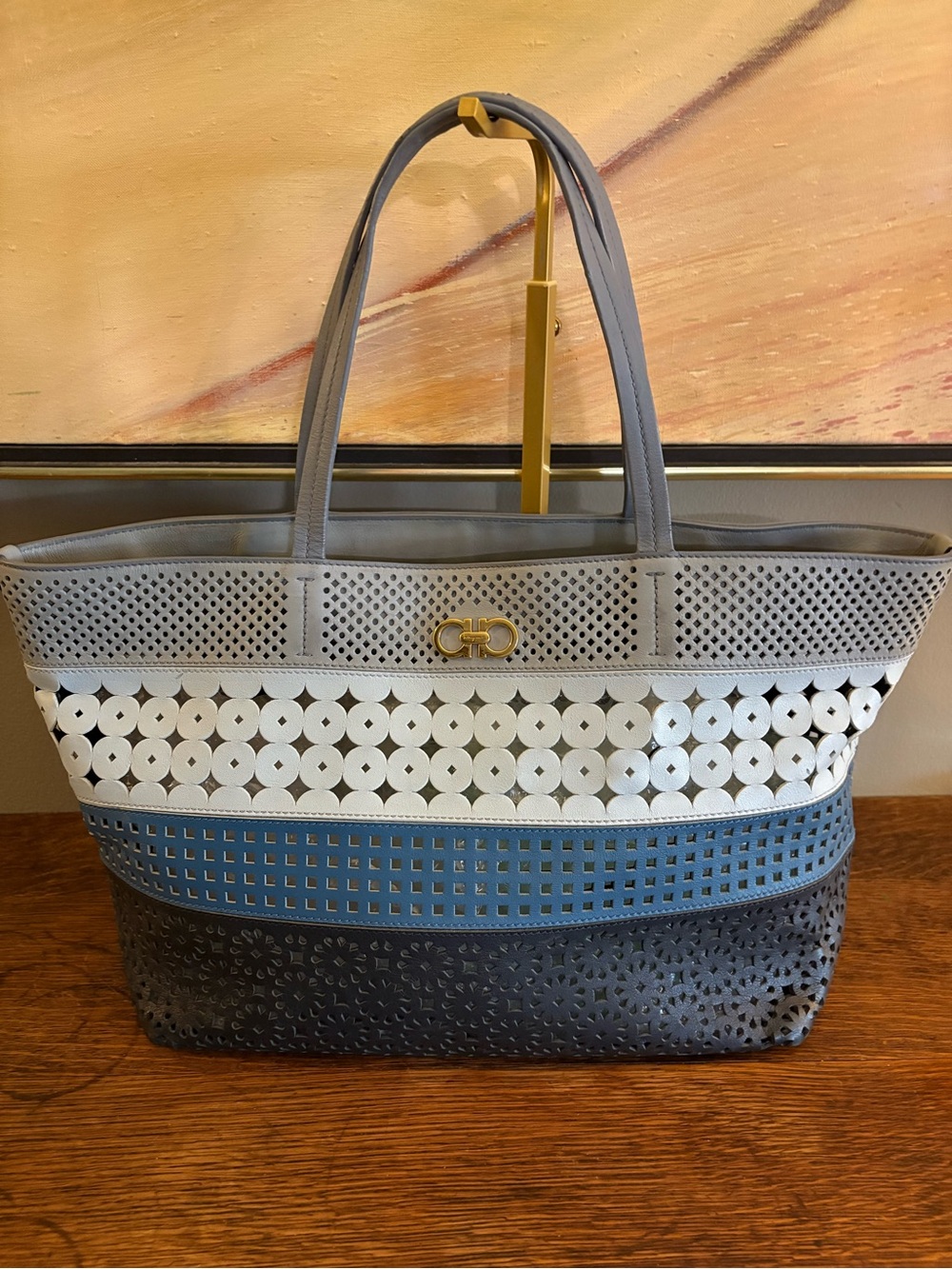 Salvatore Ferragamo Laser-Cut Gancini Leather Colorblock Tote Four Color